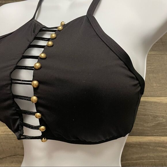 Kenneth Cole Black Halter Neck Strappy Bikini Top Gold Metal Button Detail Large - Picture 5 of 11